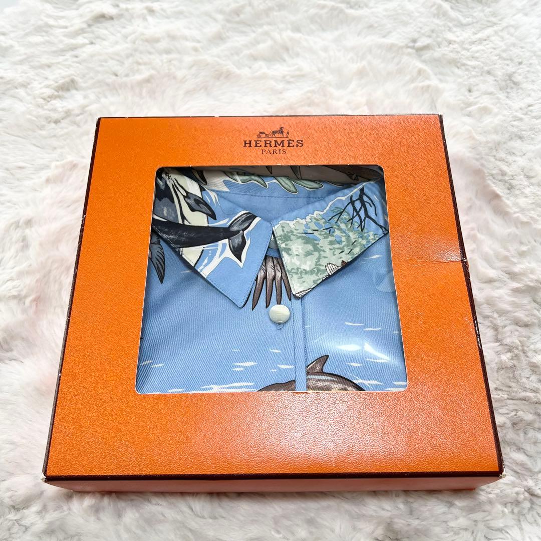 HERMES*エルメス　異素材切り替え　ポロシャツ　スカーフ　イルカ　M