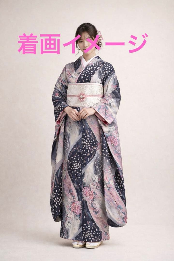 お値下げ振袖 桜散らし グレーグラデーション 孔雀羽オーロラ調