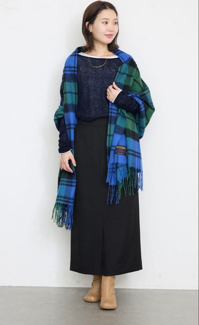 SLOBE IENAツイードミルウール大判ストールブルー チェック