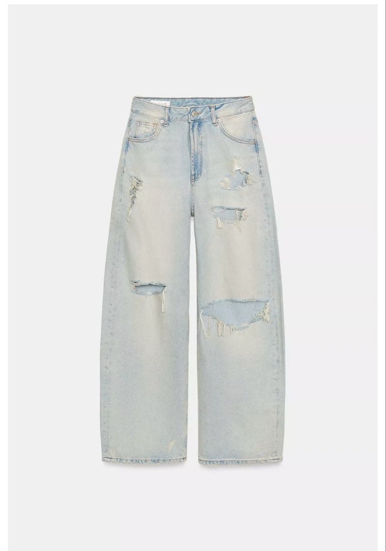 34 ZARA TRF ダメージ加工バギーミッドライズデニムパンツ
