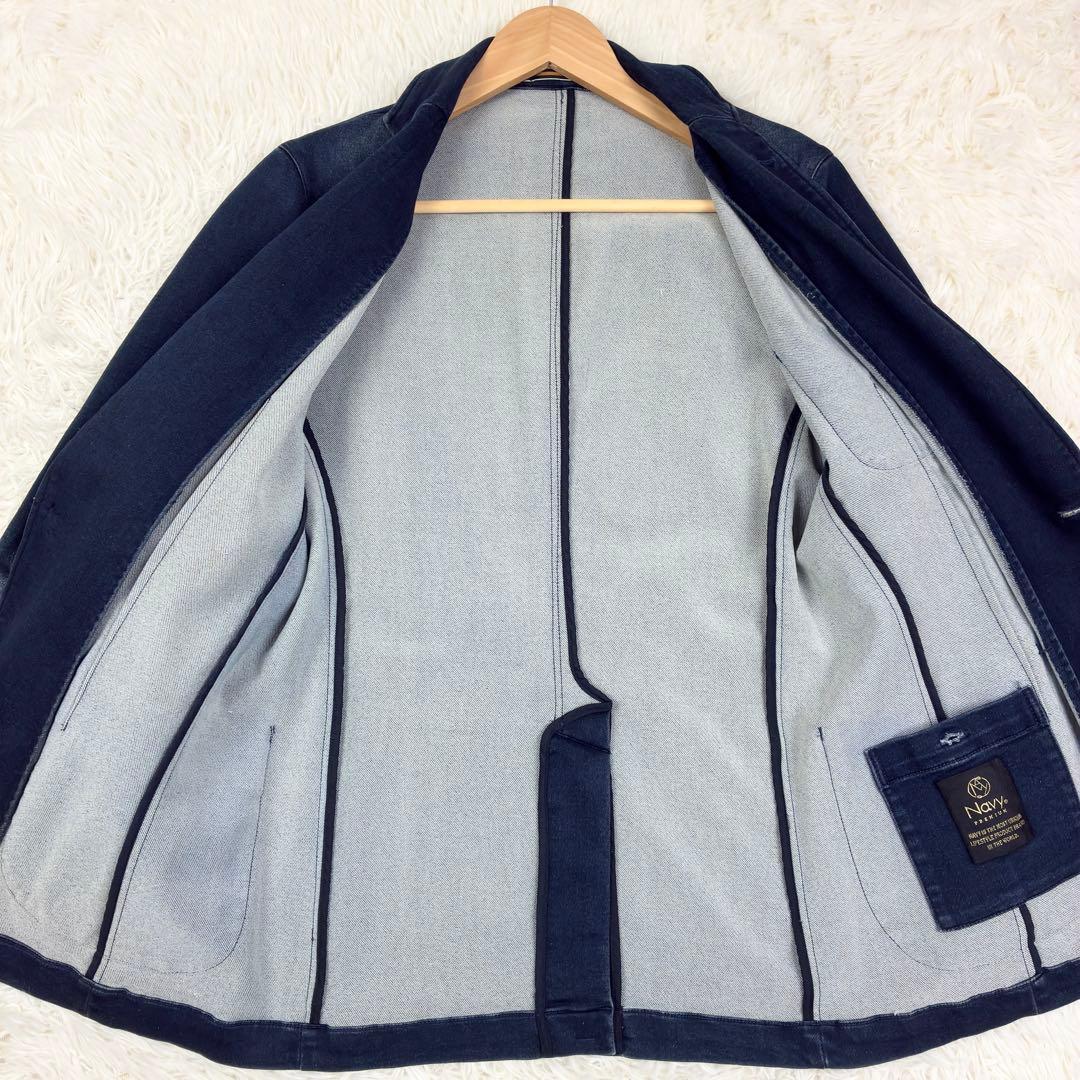 美品　ネイビー　ユーズド加工　スウェットデニム　アンコンジャケット　L