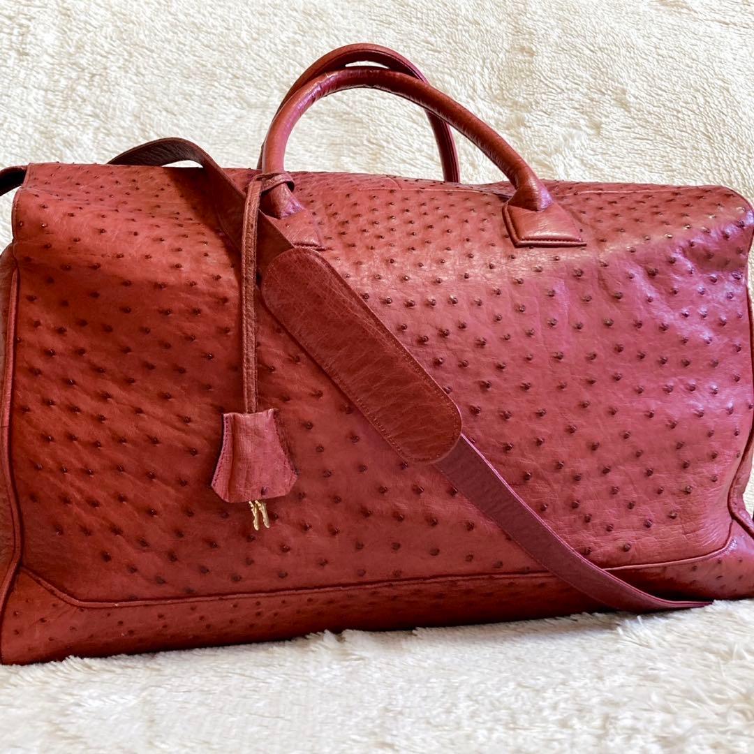 美品 オーストリッチ Ostrich 本革 特大サイズ ボストンバッグ 2way