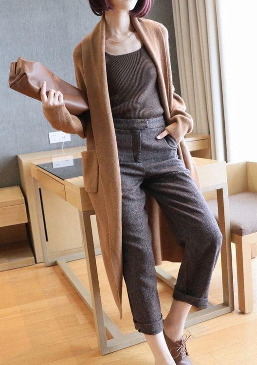 極上暖かミンクカシミヤ★ ビッグポケットロングニットコーディガン♪キャメル
