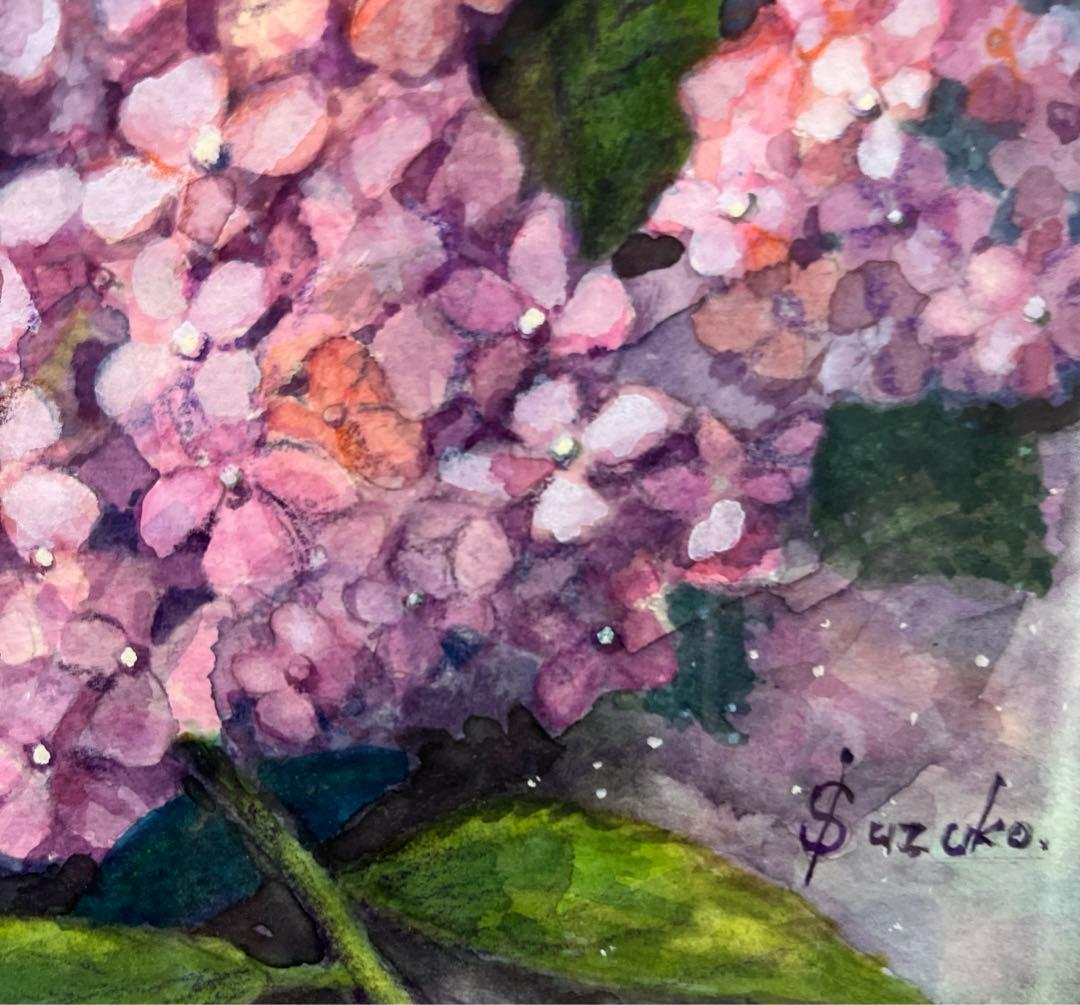 透明水彩画　SＭ　紫陽花　額付　ガラス