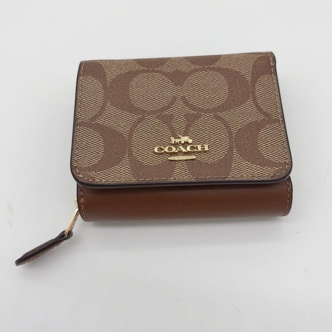 未使用級 COACH 三つ折り財布 シグネチャー コンパクトウォレット ブラウン