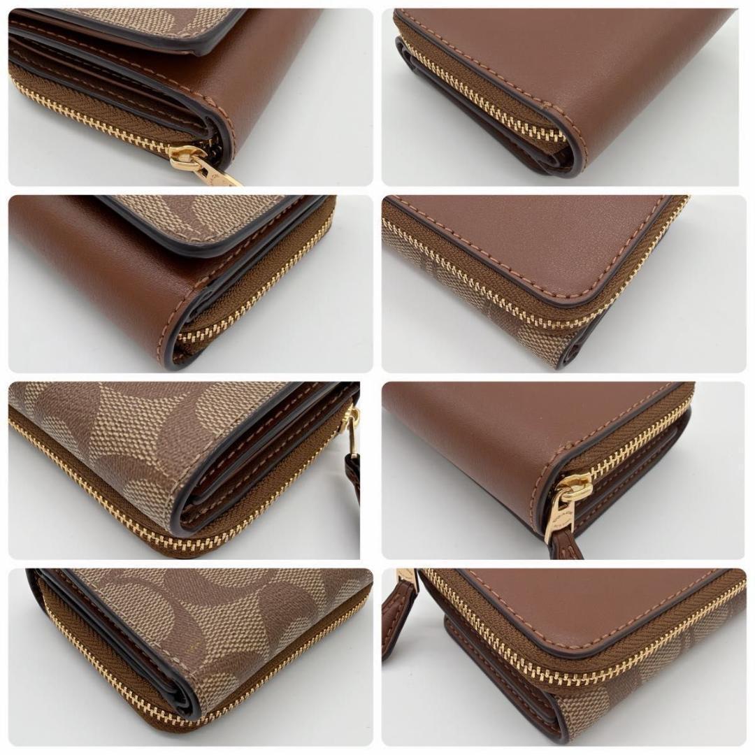未使用級 COACH 三つ折り財布 シグネチャー コンパクトウォレット ブラウン
