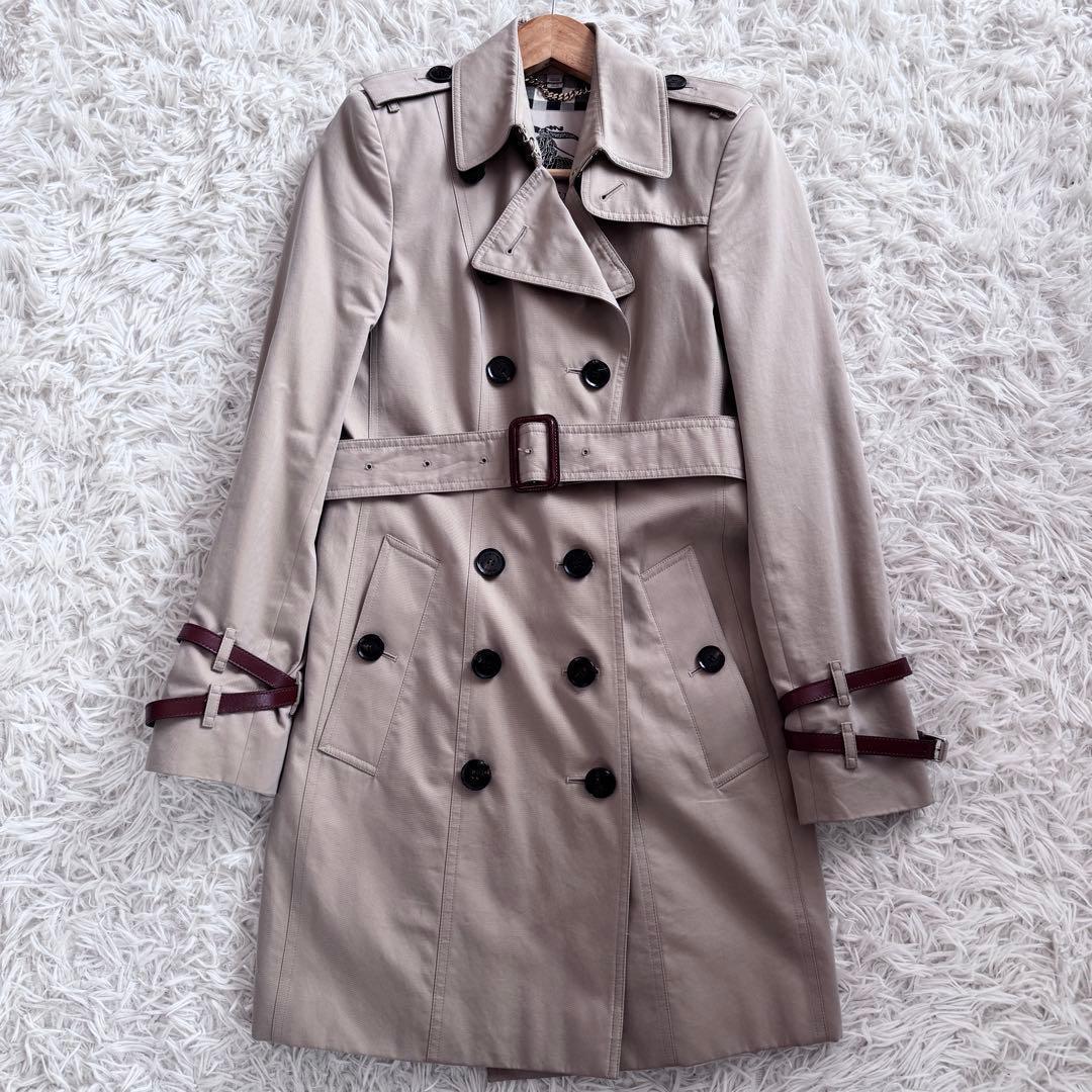希少　美品　バーバリー　トレンチコート　レザーベルト　チェック　ハニーベージュ