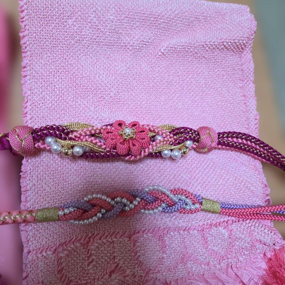 綺麗な状態のピンク 花柄 振袖 シルク 帯、長襦袢、帯揚げなど小物セット