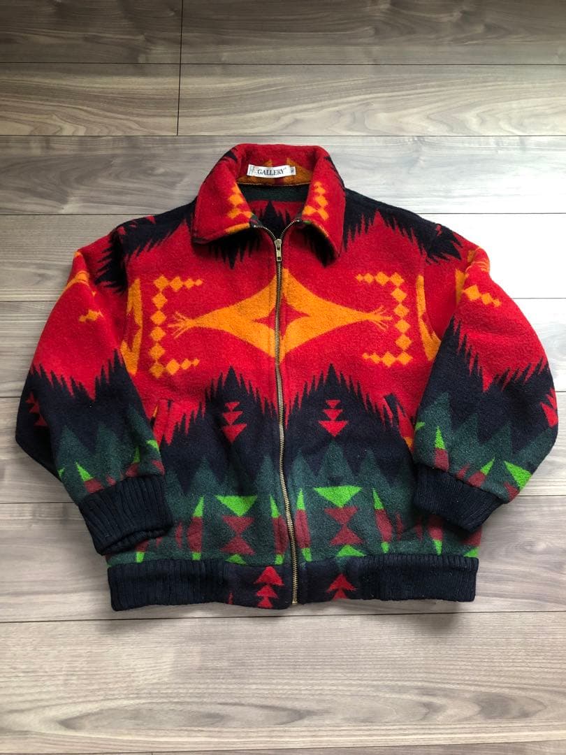 ネイティブ柄ジップジャケット　ウール　総柄　ショート丈