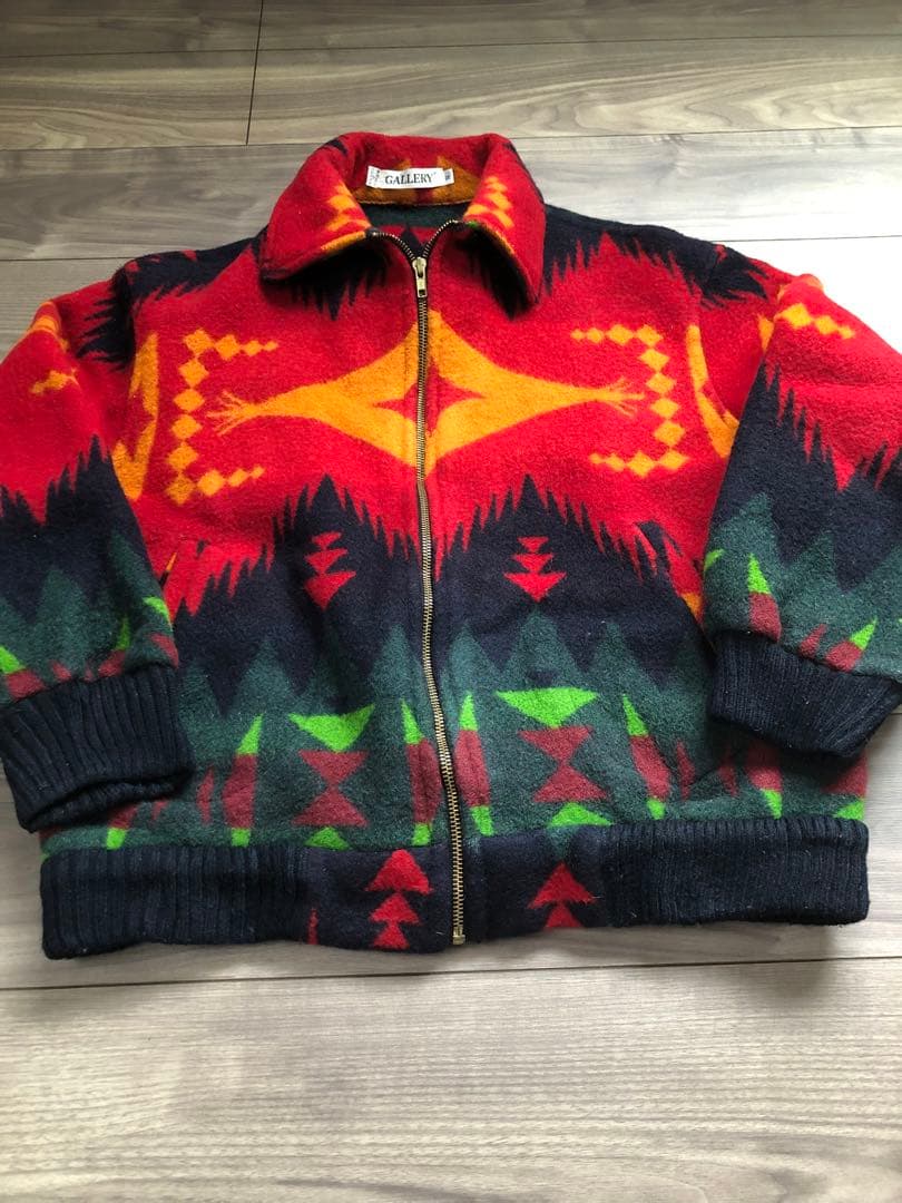 ネイティブ柄ジップジャケット　ウール　総柄　ショート丈