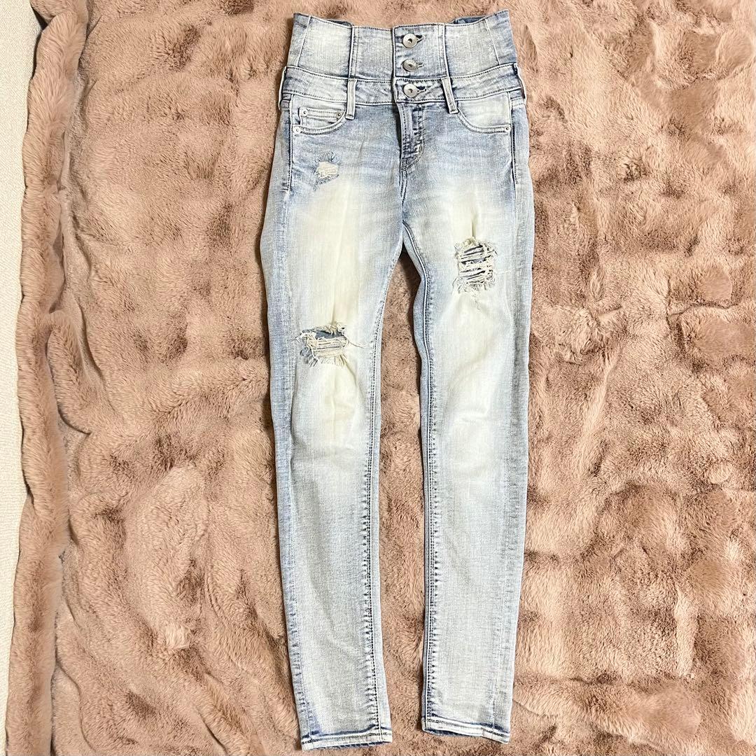 【完売品】GYDA ハイウエストバッククロスダメージスキニーデニム　xs