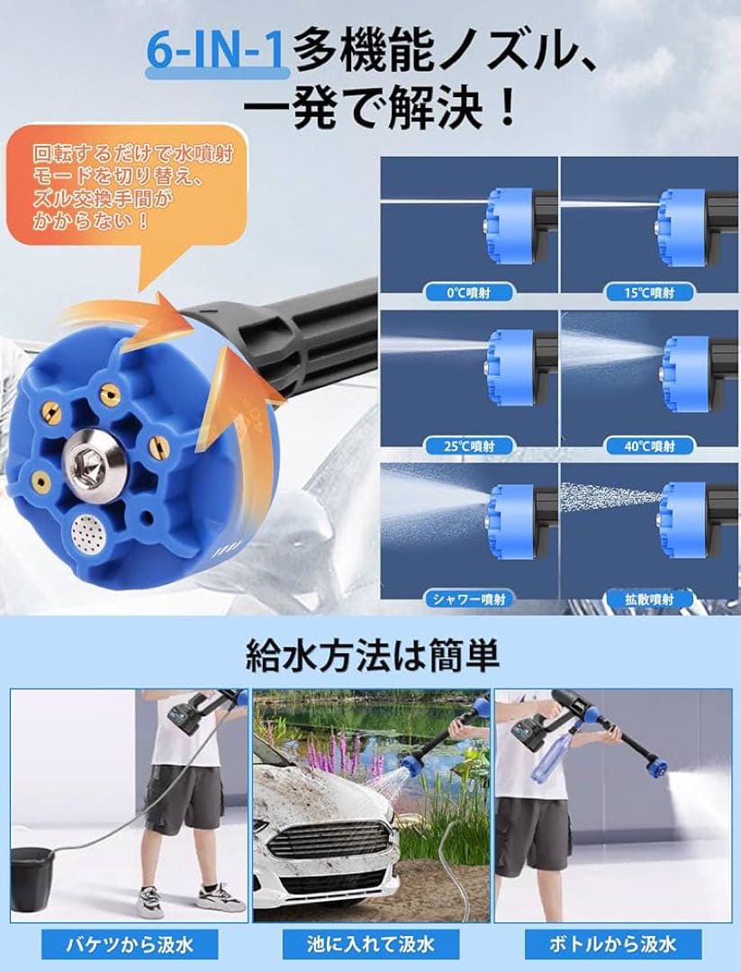 水圧洗浄機 充電式 6in1噴射モード15000mAh大容量バッテリー