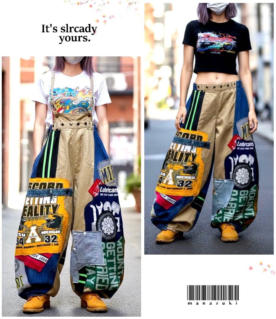 ちくわ！総柄カラフルパッチワーク☆デニムパンツ☆2wayパンツ☆スウェット
