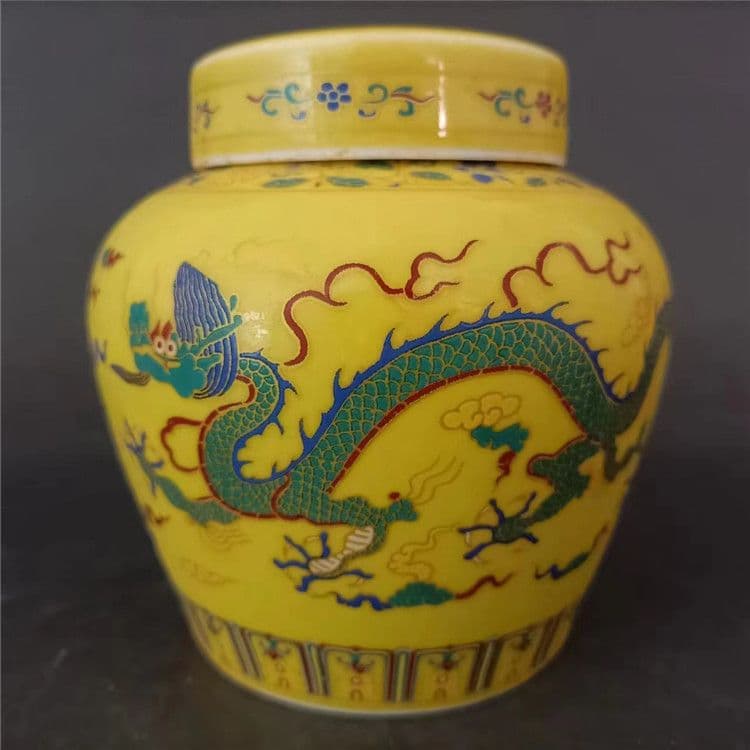 黄釉斗彩竜紋天の字壺 景徳鎮 陶磁器 装飾品 現代工芸品美術品 置物