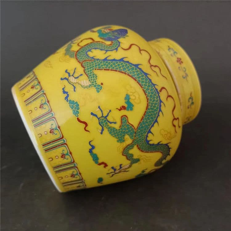 黄釉斗彩竜紋天の字壺 景徳鎮 陶磁器 装飾品 現代工芸品美術品 置物