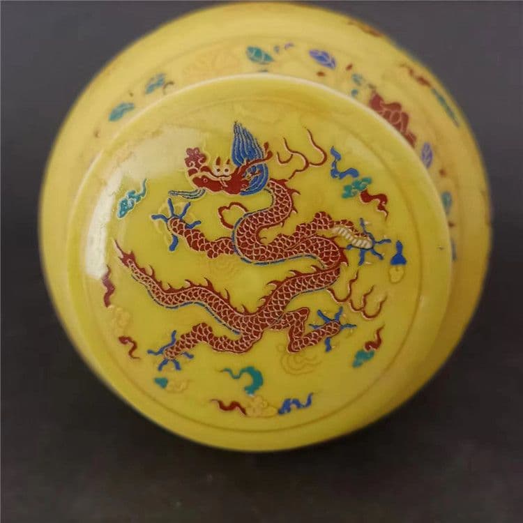 黄釉斗彩竜紋天の字壺 景徳鎮 陶磁器 装飾品 現代工芸品美術品 置物