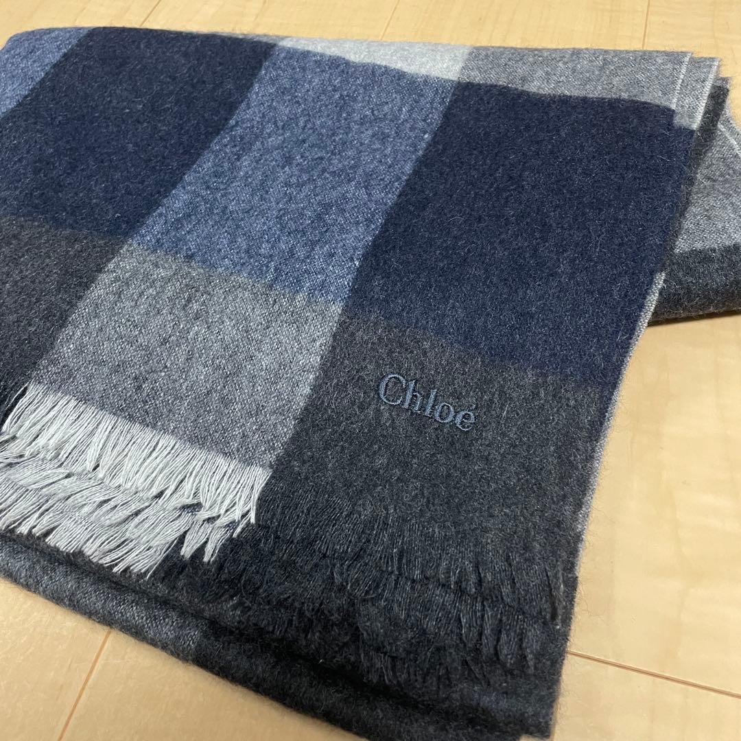 【上品・刺繍ロゴ】Chloe クロエ マルチカラー ストール グレー系　チェック