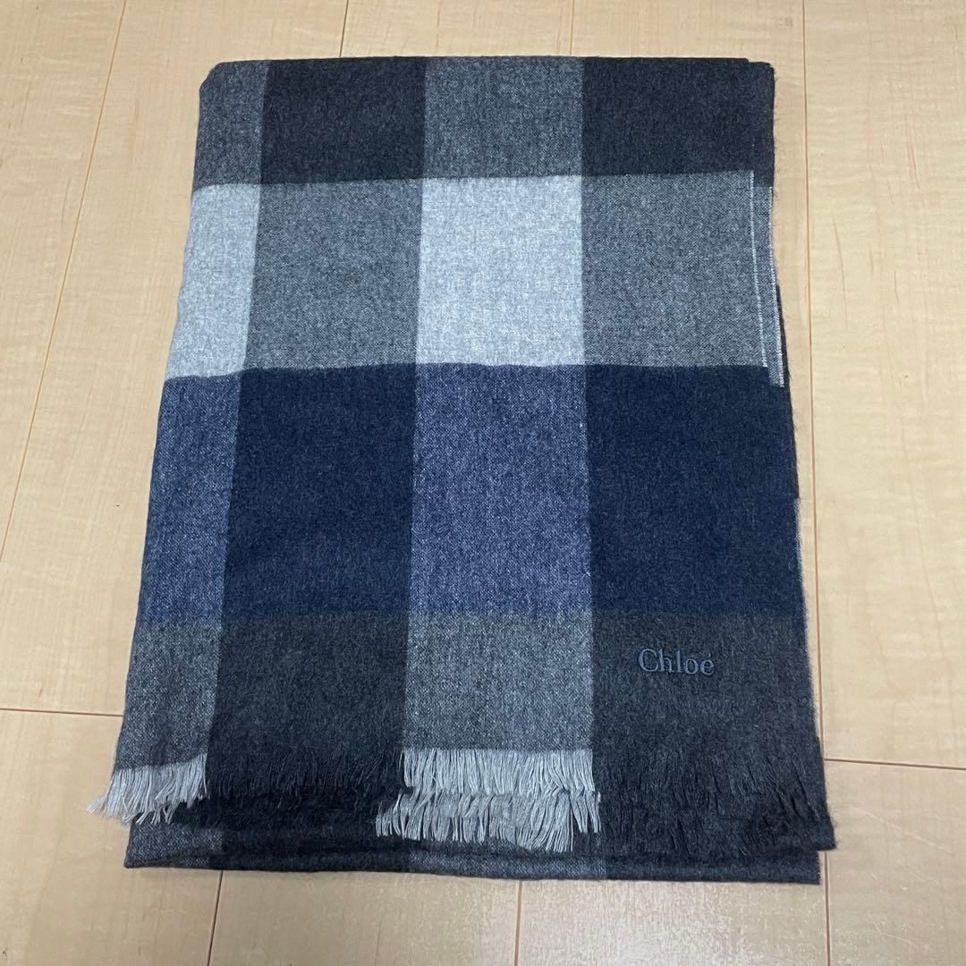 【上品・刺繍ロゴ】Chloe クロエ マルチカラー ストール グレー系　チェック
