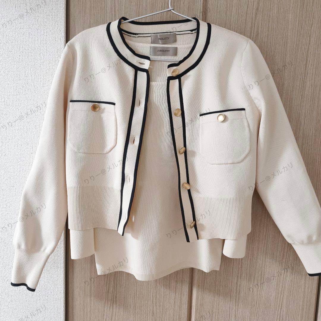 美品サイズ2　JUSGLITTY　配色ニットジャケットアンサンブル　カーディガン