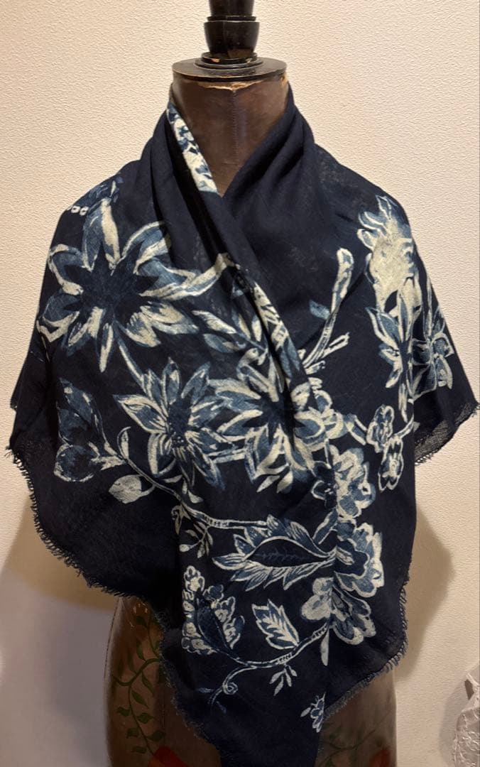 45R 希少 美品 大判 ストール 風呂敷 藍染 インディゴ 手書き コットン
