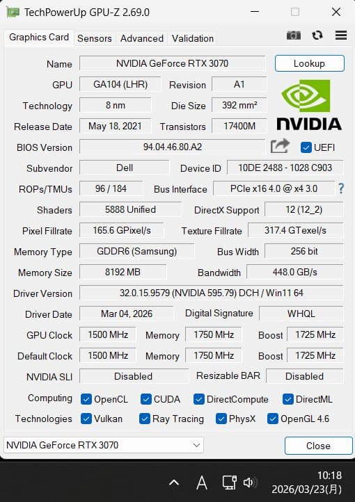 Nvidia Geforce RTX3070 8GB GDDR6 動作良好