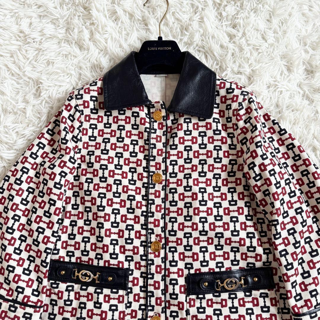 美品　グッチ　ジャケット　ホースビット　インターロッキング　レザー　切り替え　S