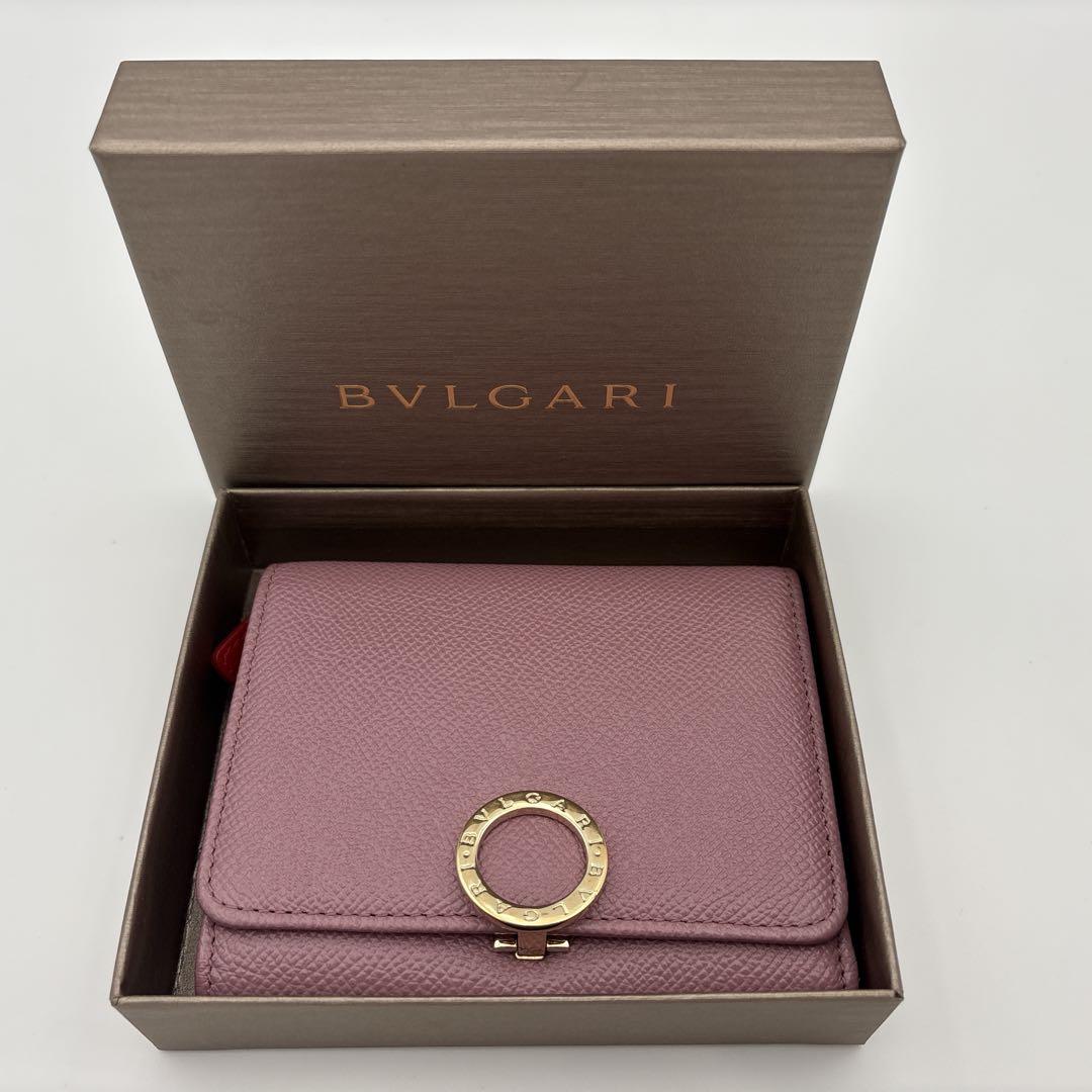 BVLGARI ブルガリ ピンクレザー三つ折り財布　裏地赤　箱・品質証明書付き