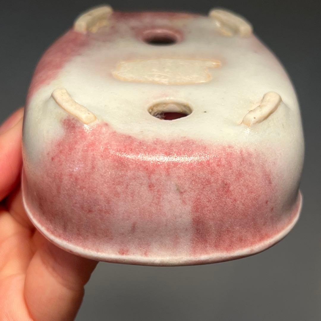 810.秋直 桃花釉楕円 平成十三年 盆栽鉢 植木鉢 11.1*8*3.6cm