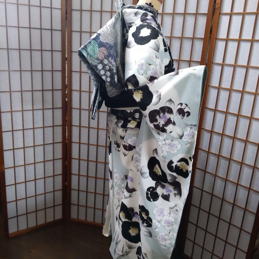 438白灰黒　モダン　 ほぼ未使用　　振袖7点フルセット成人式卒業式謝恩会