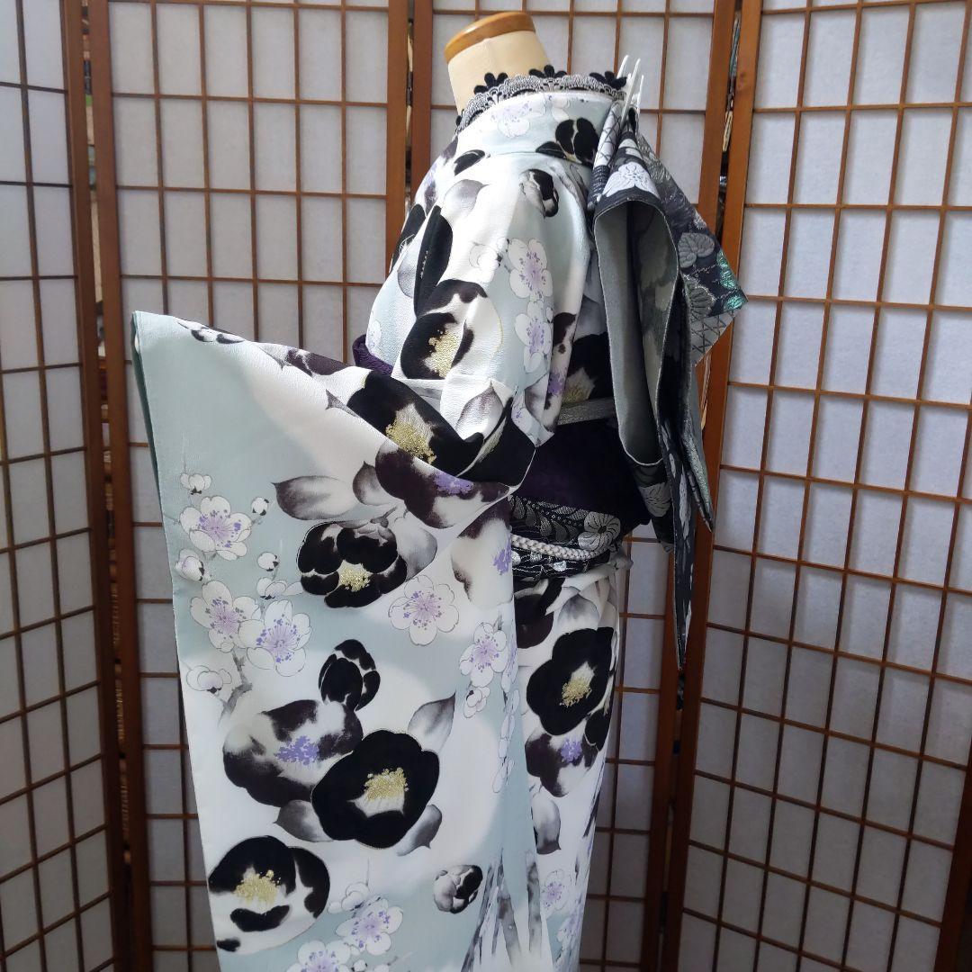 438白灰黒　モダン　 ほぼ未使用　　振袖7点フルセット成人式卒業式謝恩会