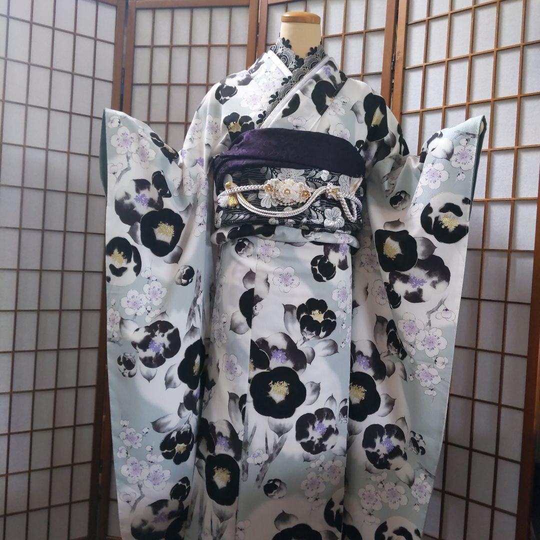 438白灰黒　モダン　 ほぼ未使用　　振袖7点フルセット成人式卒業式謝恩会