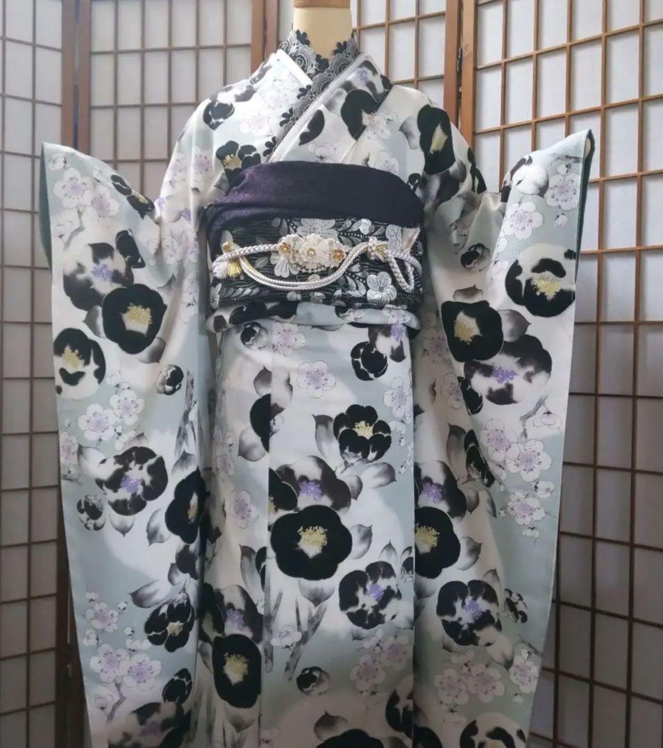438白灰黒　モダン　 ほぼ未使用　　振袖7点フルセット成人式卒業式謝恩会