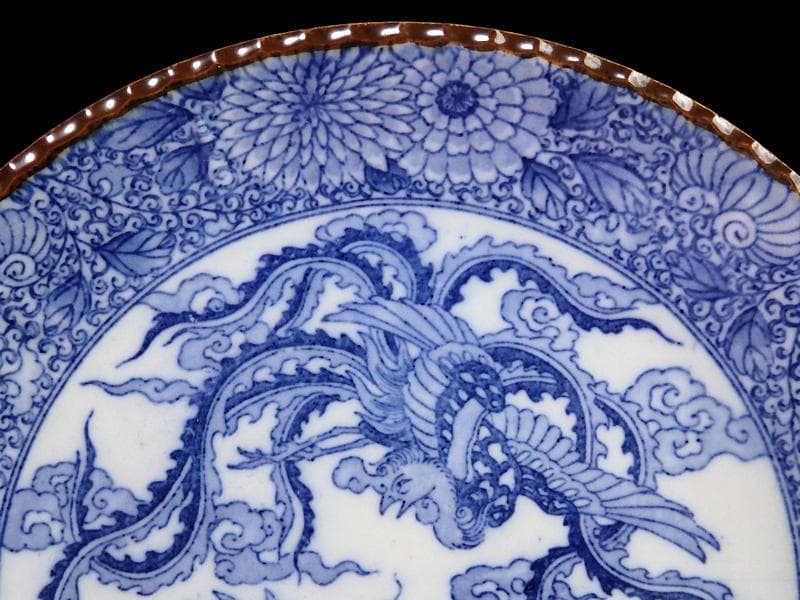 伊万里　染付　印判　鳳凰に龍の図　７寸皿　E625AS-fbvl