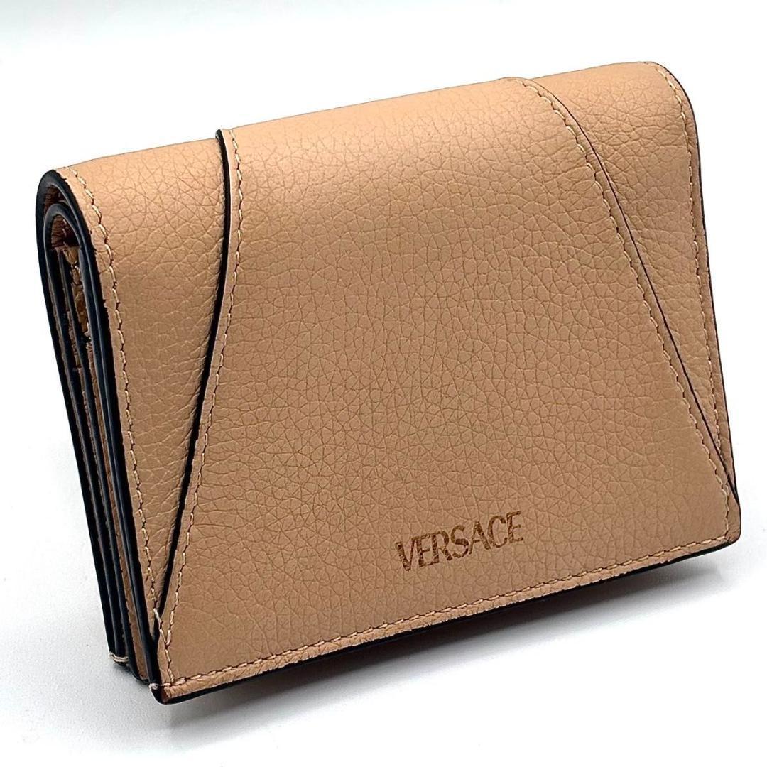 極美品 ヴェルサーチ VIRTUS 二つ折り財布 ベージュ レザー コンパクト