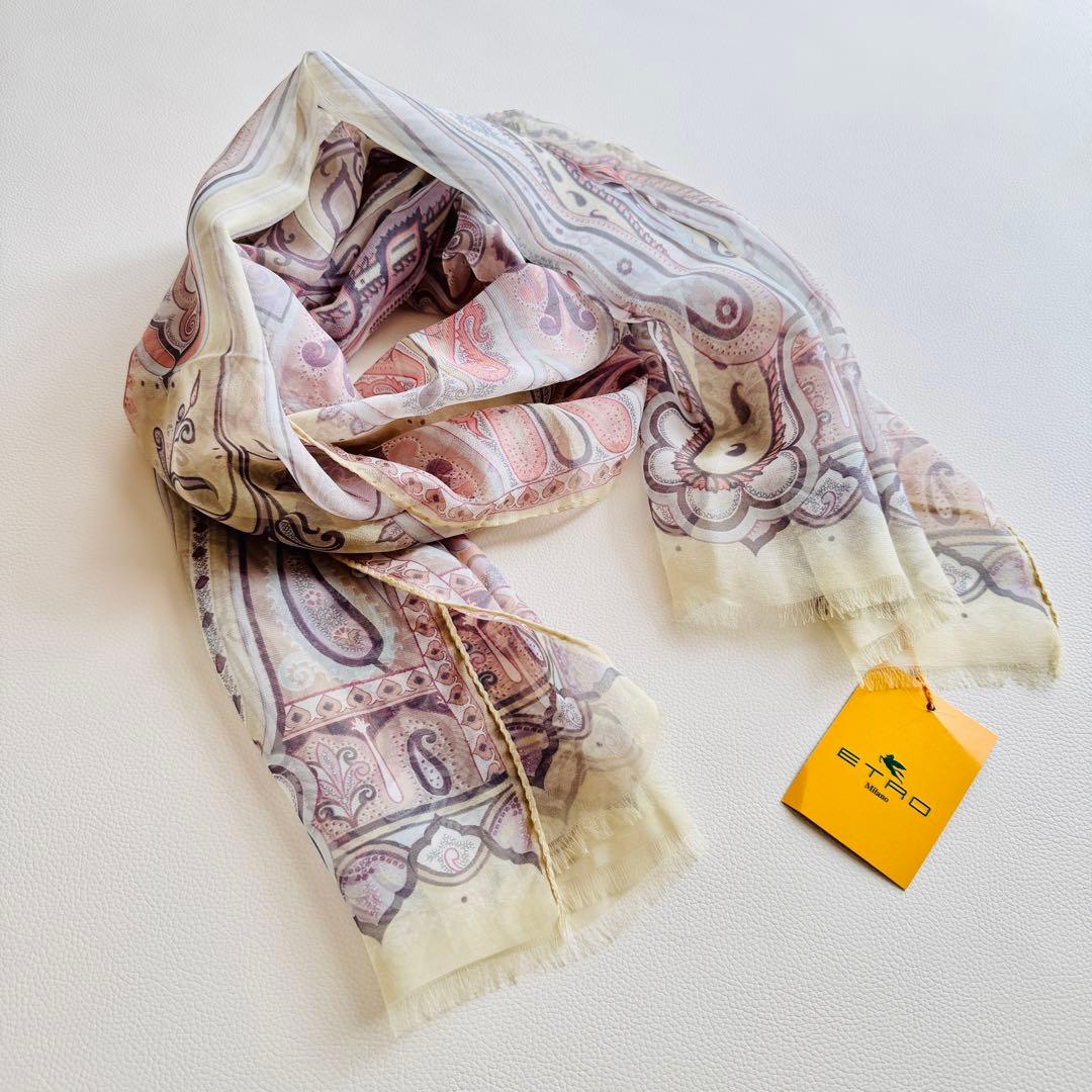 タグ付極美品✨エトロ シルク100% ペイズリー柄 シフォンストール イタリア製