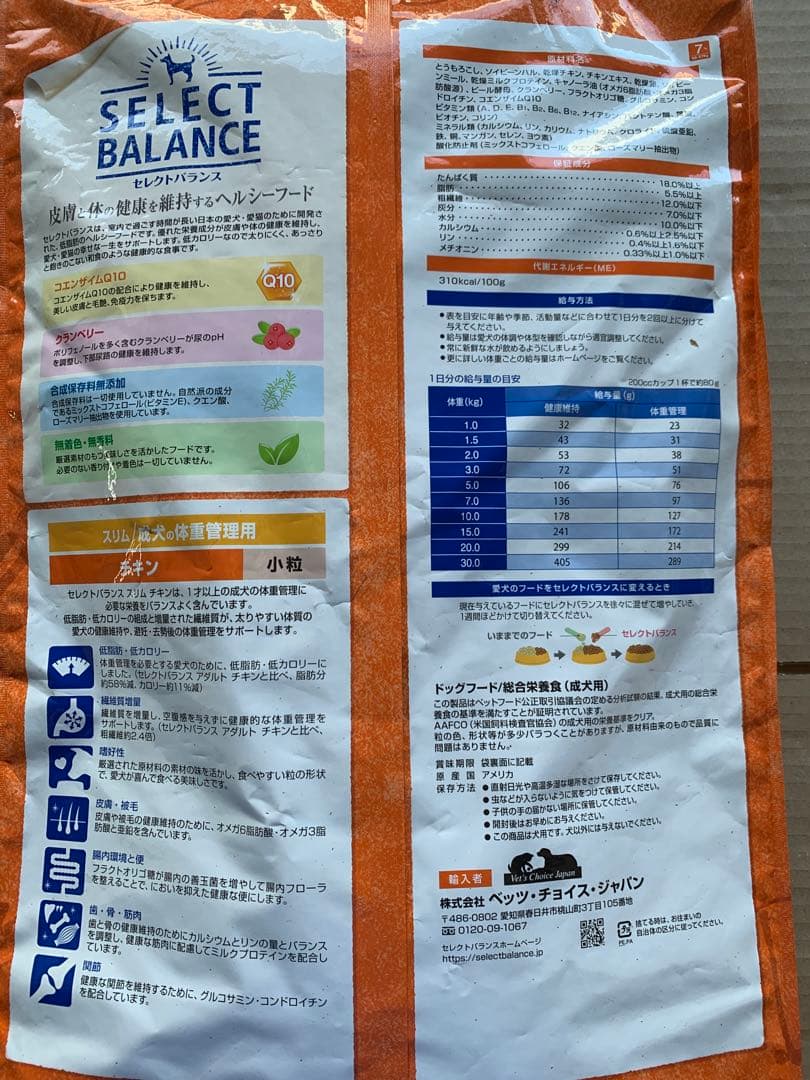 セレクトバランス スリム　体重管理用 チキン 小粒　7kg