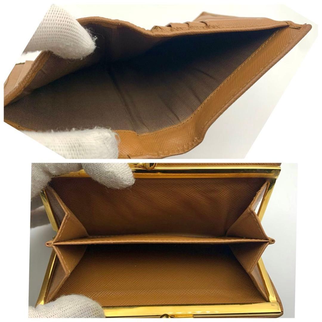 鑑定済み プラダ 財布 三つ折り サフィアーノ レザー 茶 がま口 コンパクト