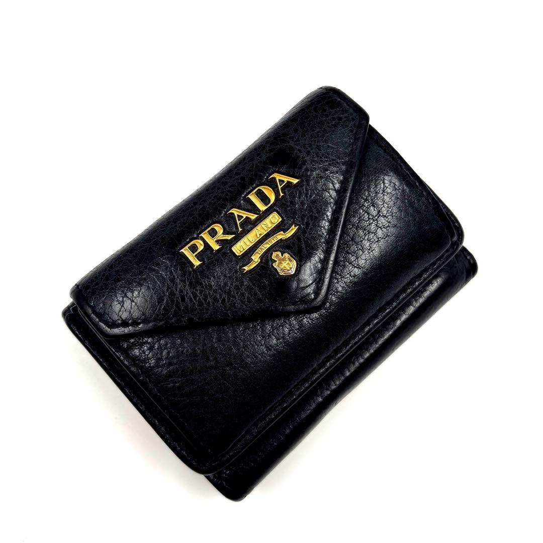 PRADA プラダ 三つ折り財布 ヴィッテロダイノ ゴールドロゴ ブラック 黒