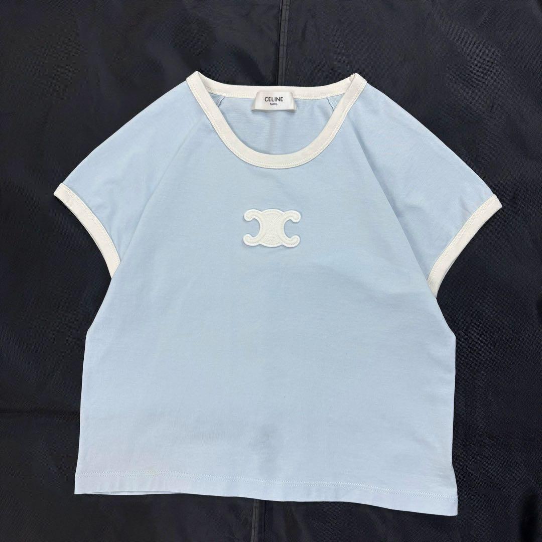 6264【美品】セリーヌ☆トリオンフロゴ入りリンガーTシャツ 水色×白色 XS