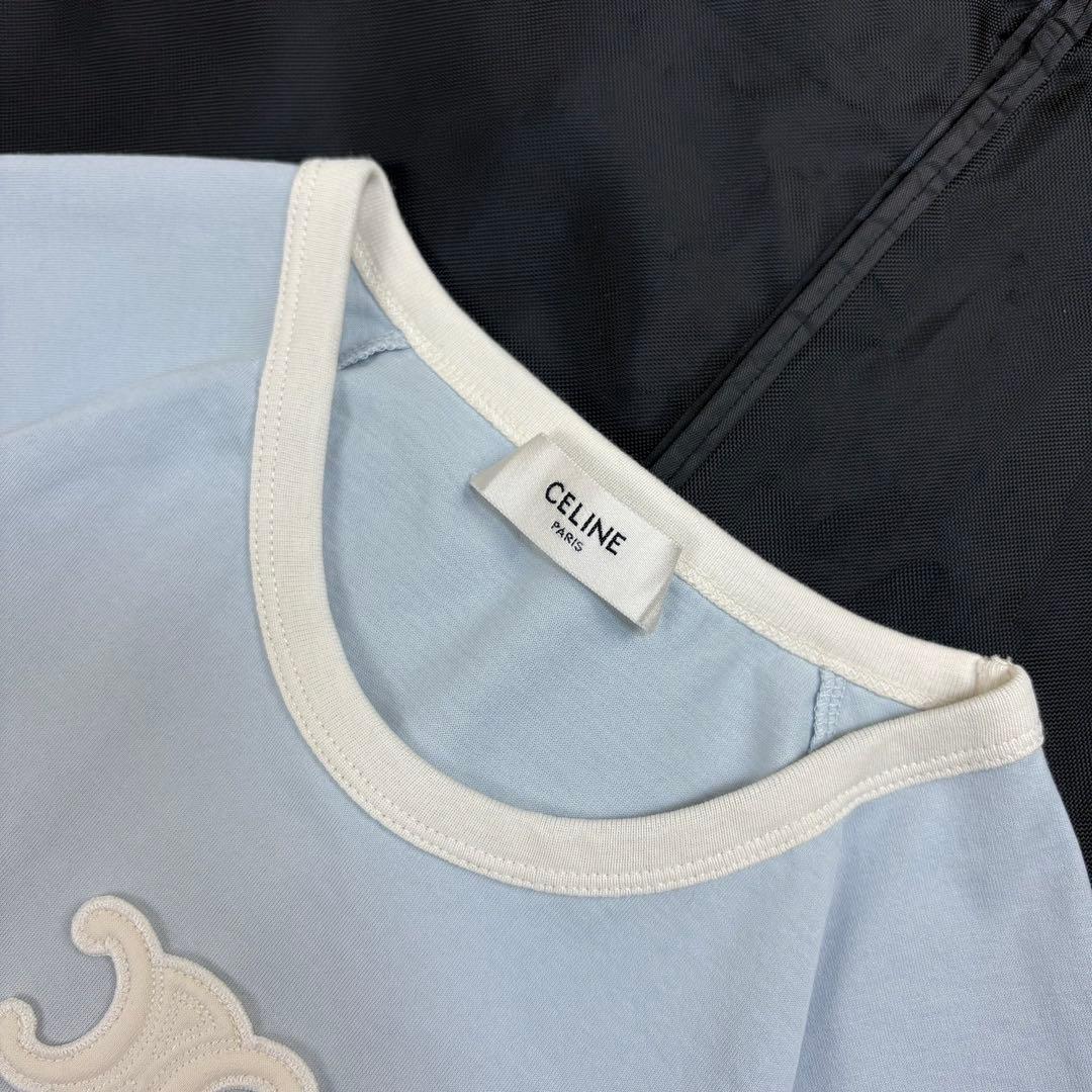 6264【美品】セリーヌ☆トリオンフロゴ入りリンガーTシャツ 水色×白色 XS