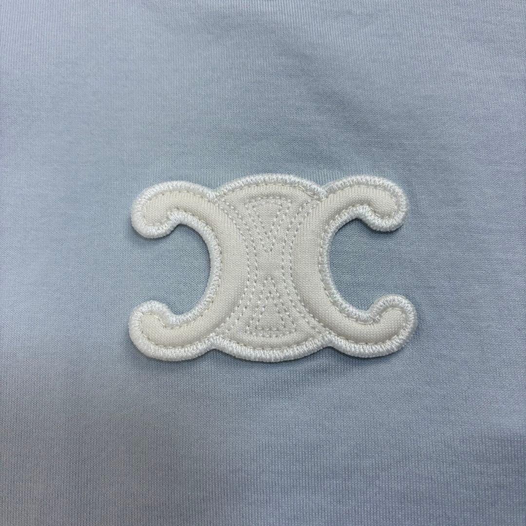 6264【美品】セリーヌ☆トリオンフロゴ入りリンガーTシャツ 水色×白色 XS