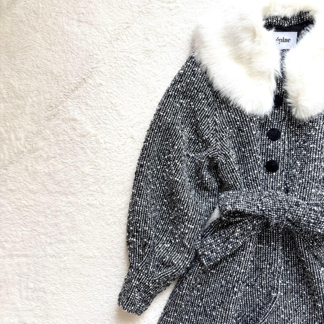 エピヌ feminine fur collar long coat ツイード