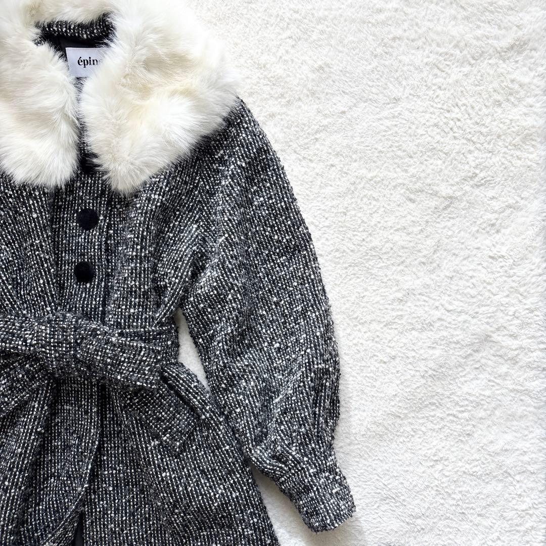 エピヌ feminine fur collar long coat ツイード