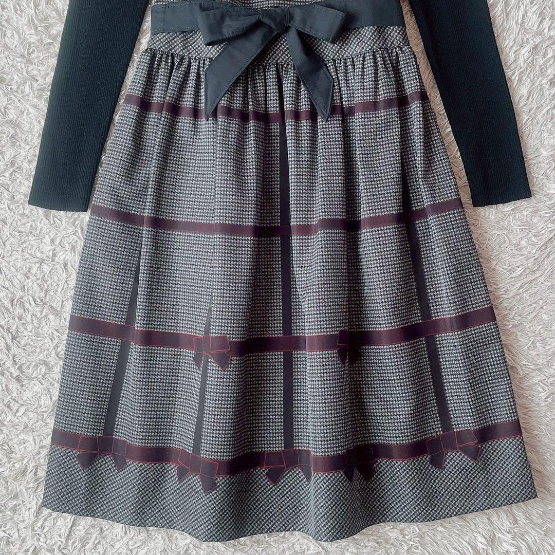 【美品】エムズグレイシー ドッキングワンピース リボン柄プリント グレー系