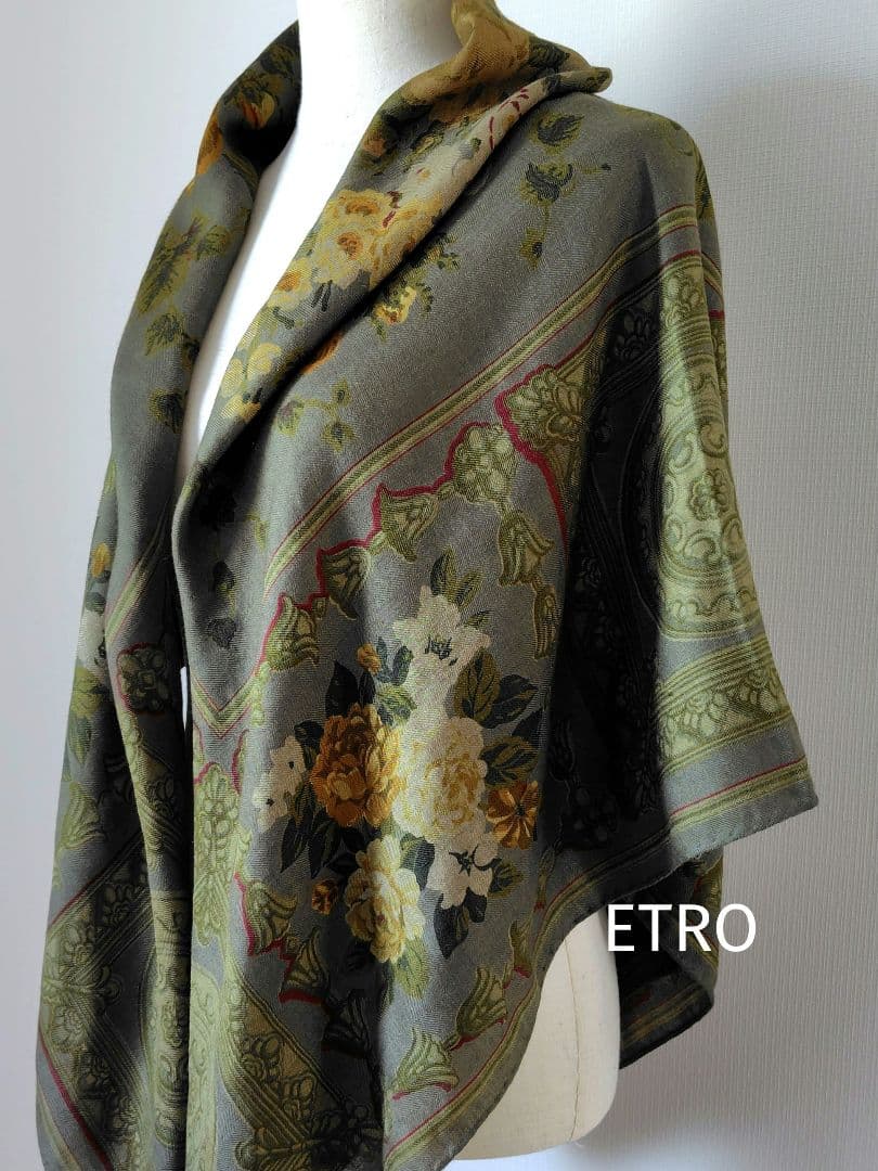 ETRO 超大判ストール 花柄 グリーン系