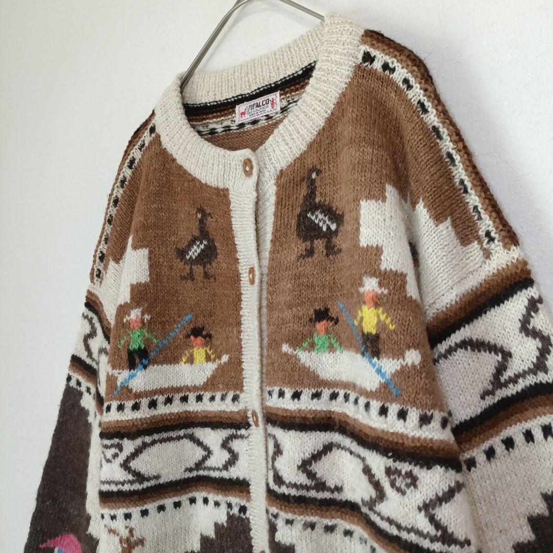 VIFALCO　カーディガン　レトロ　風景画　アルパカ100%　ペルー産　白　茶