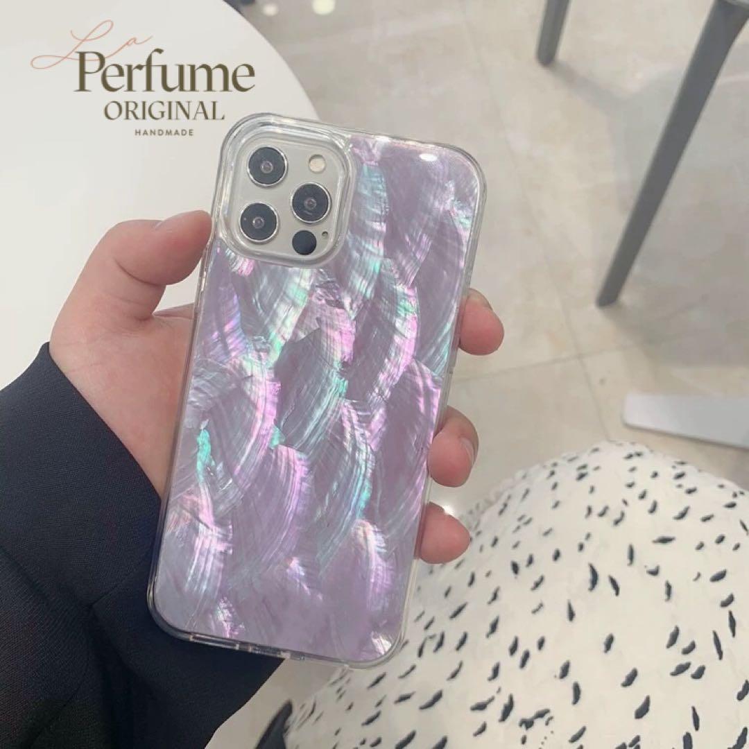 キラキラ天然シェル♡パープル✨紫色 オリジナル iPhoneケース 貝殻 手作り