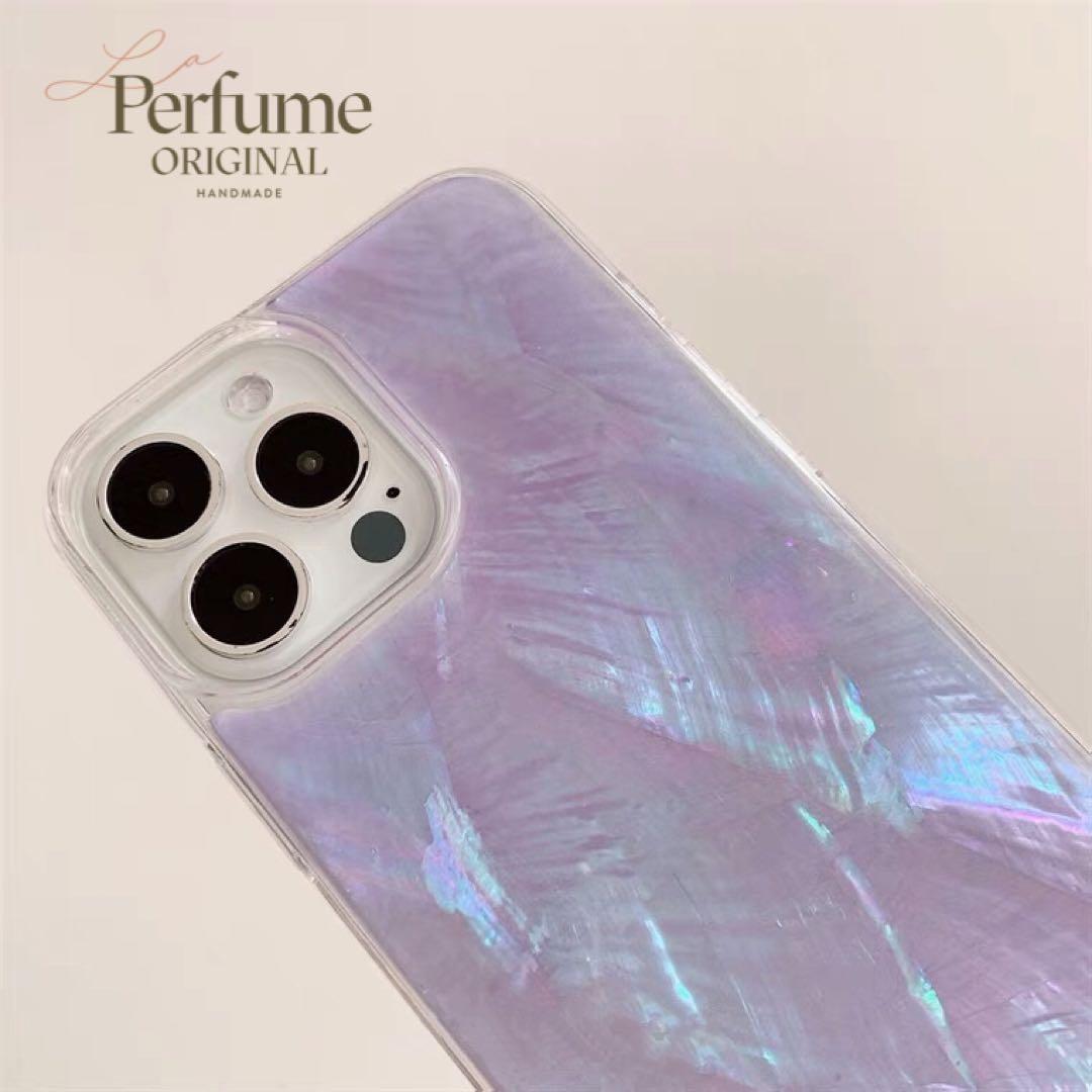 キラキラ天然シェル♡パープル✨紫色 オリジナル iPhoneケース 貝殻 手作り