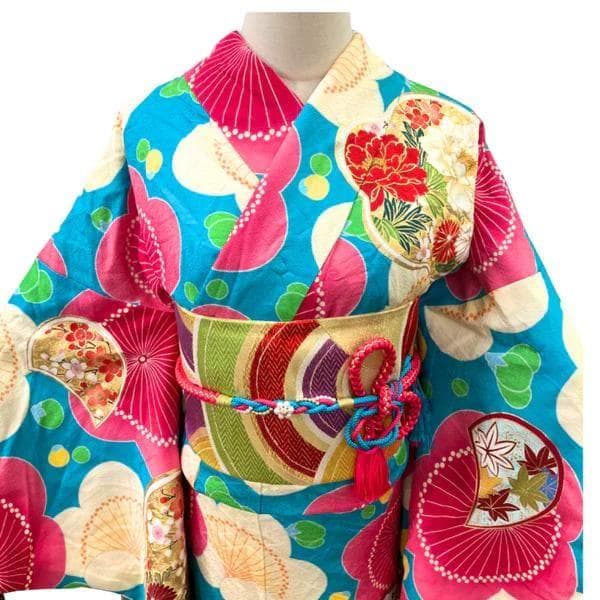 【美品】 振袖セット 正絹 レトロモダン 水色 S*13 ●
