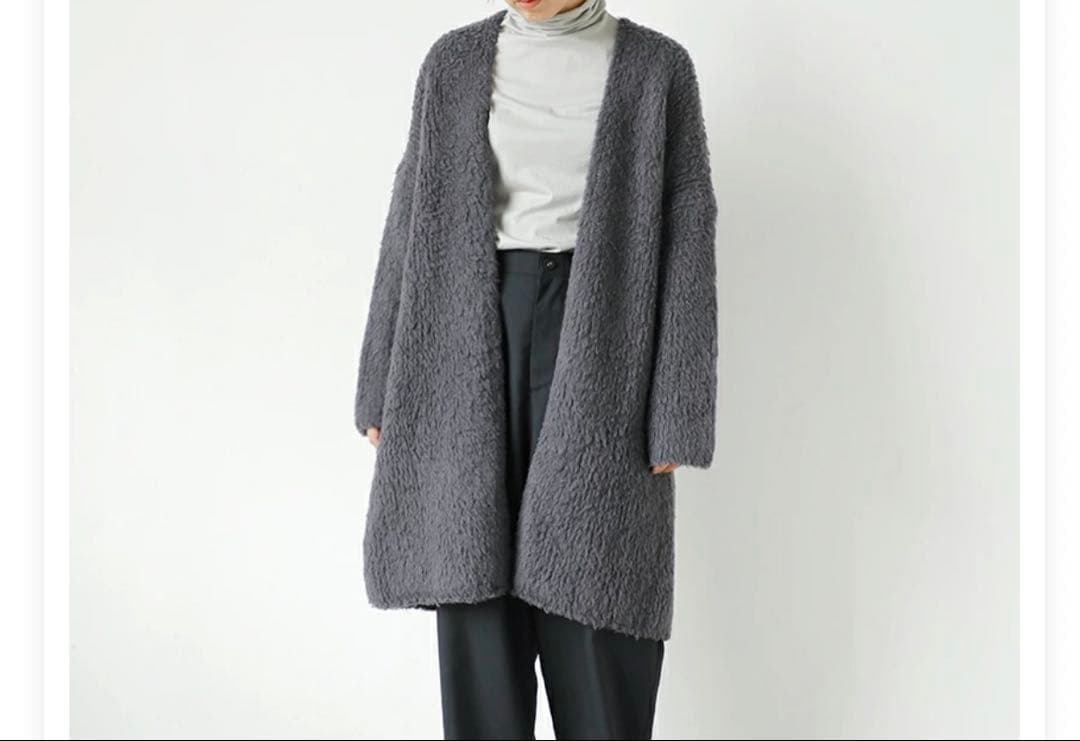 evam eva グレージュ カーディガン　ウール ボア ローブ　エヴァムエヴァ